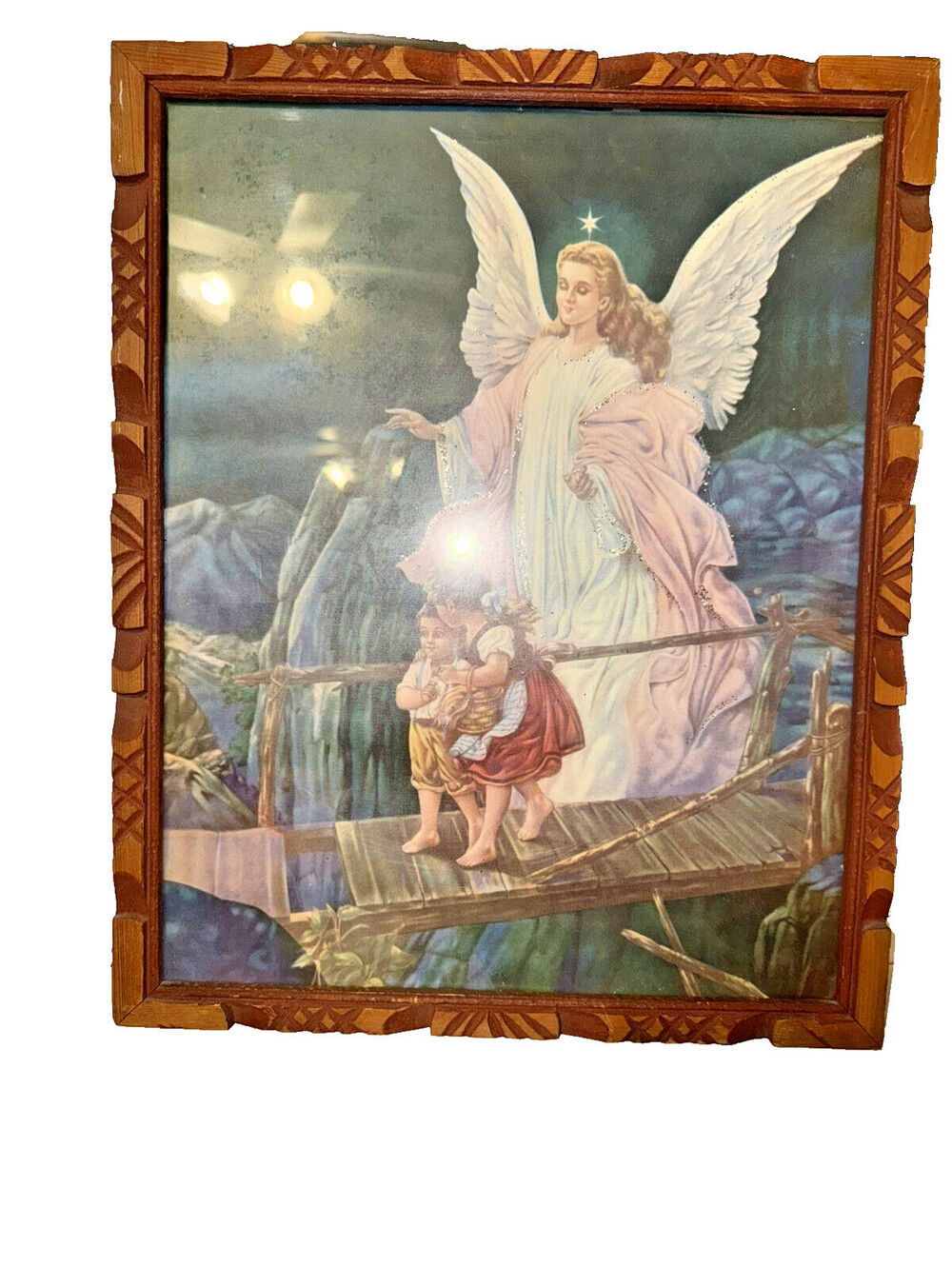 Vintage Guardian Angel Children on Bridge in framed picture, religious decor